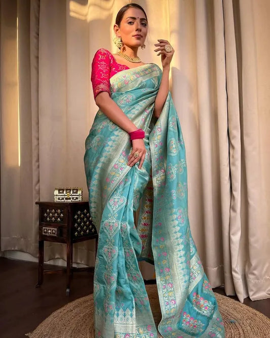 Turquoise Green Pure Banarasi Copper Zari Weaving Saree for Women