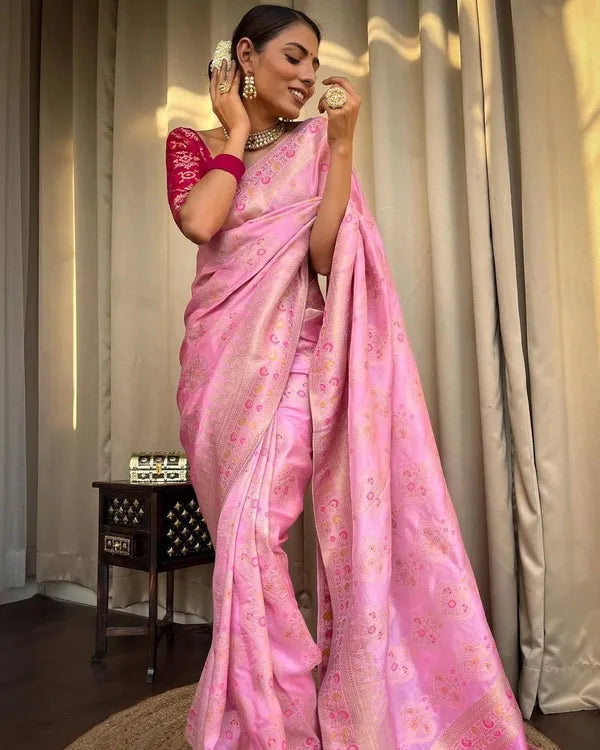 Onion Pink Pure Banarasi Copper Zari Weaving Saree for Women