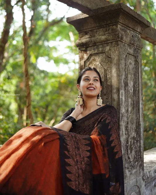 Black & Orange Pure Semi Silk Saree With Heavy Brocade for Women