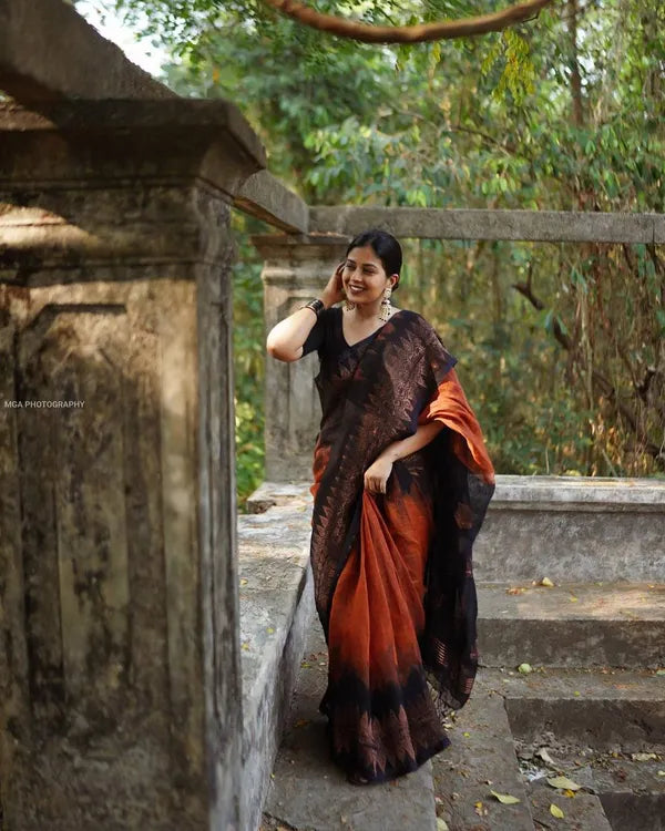 Black & Orange Pure Semi Silk Saree With Heavy Brocade for Women