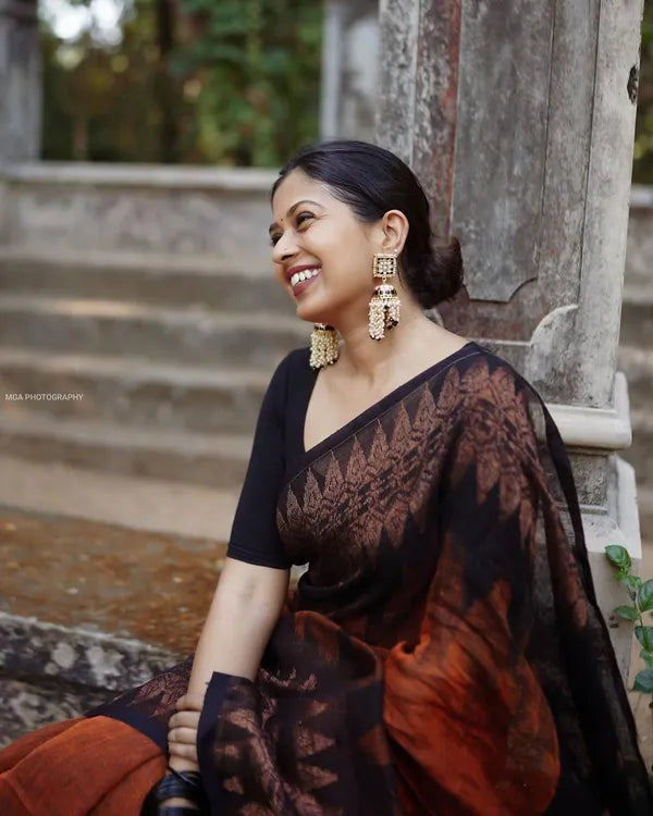 Black & Orange Pure Semi Silk Saree With Heavy Brocade for Women