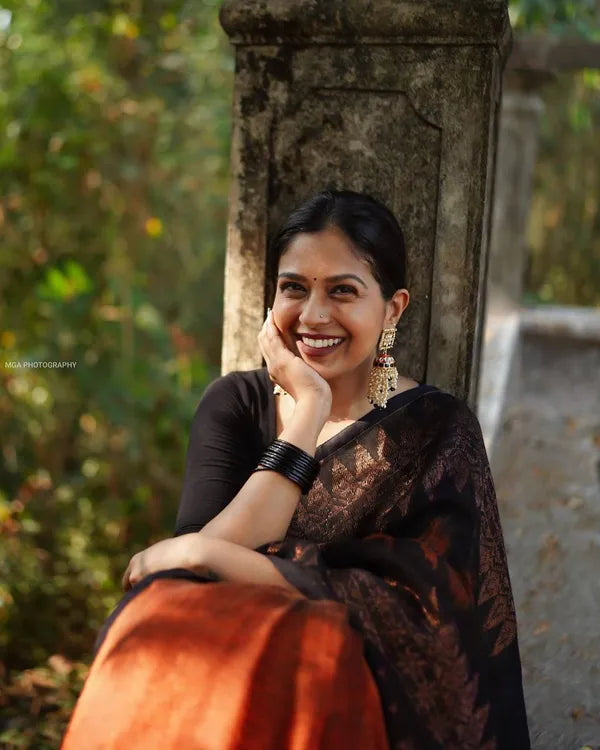 Black & Orange Pure Semi Silk Saree With Heavy Brocade for Women