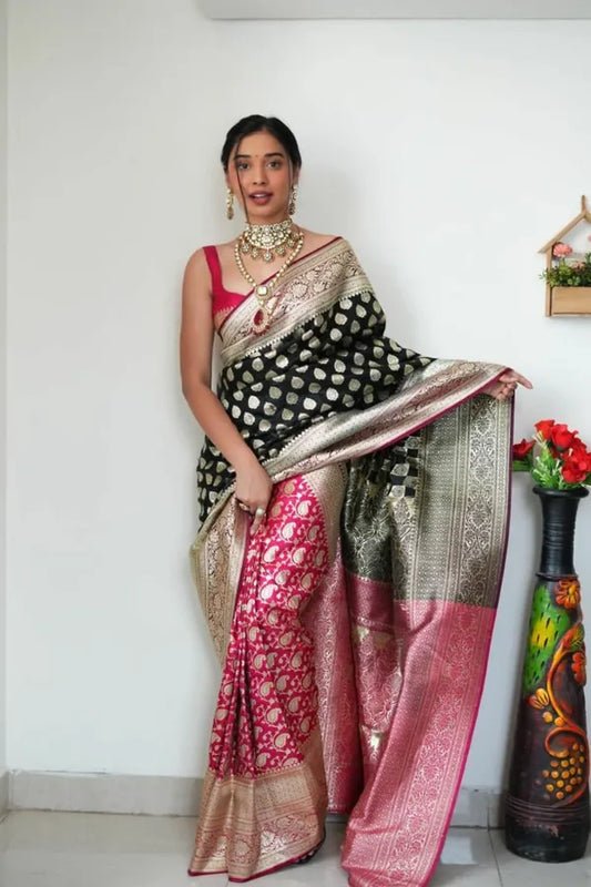 Pink & Black Cotton Fabric Rich Pallu & Jacquard Work Saree for Women