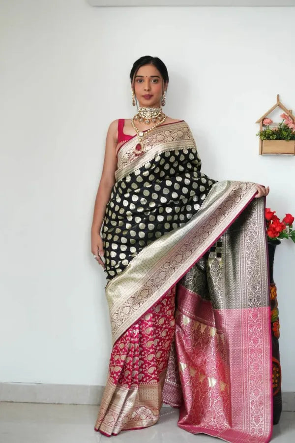 Pink & Black Cotton Fabric Rich Pallu & Jacquard Work Saree for Women