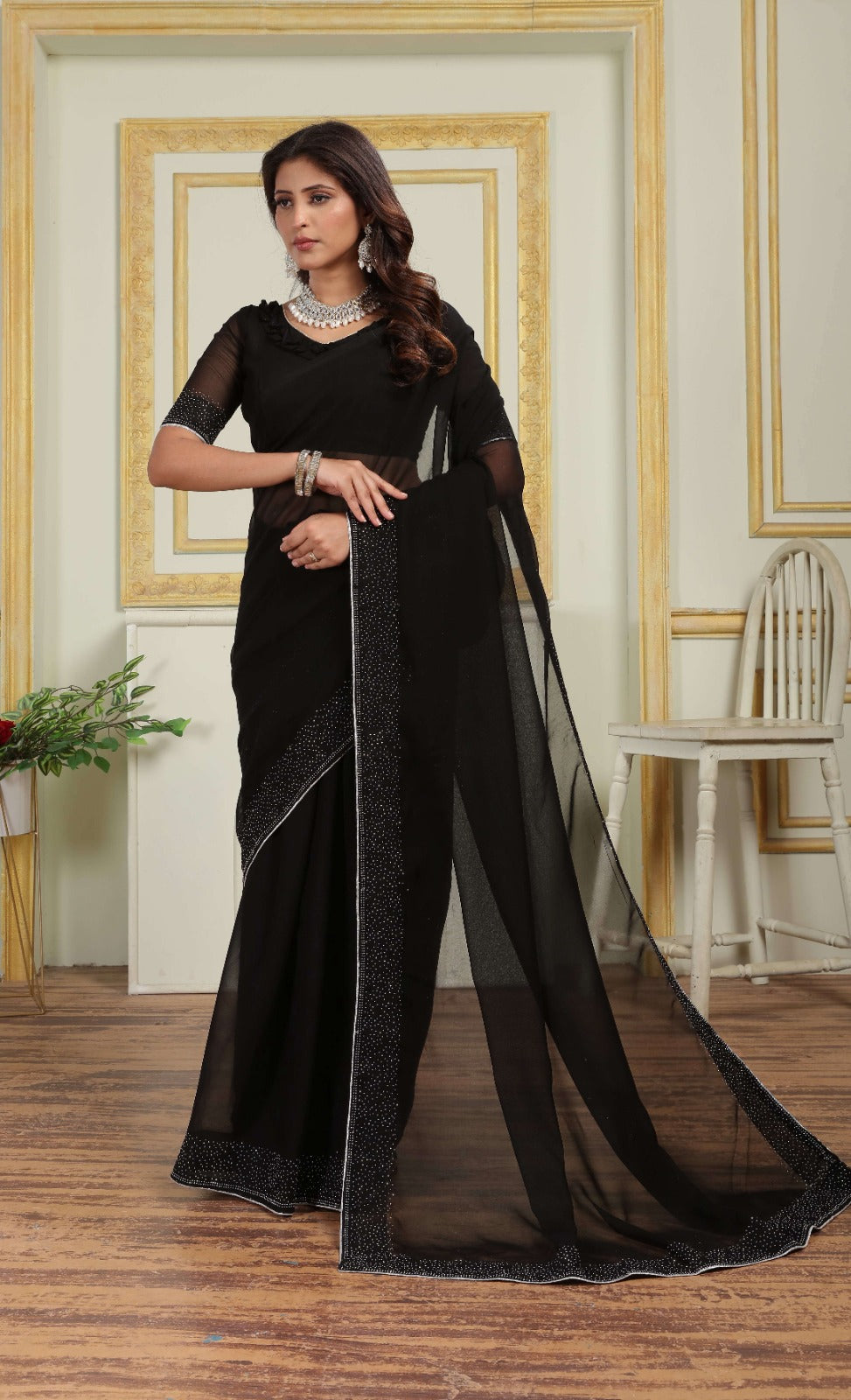 Designer Black Pure georgette  Saree with Premium Border Work On All over saree