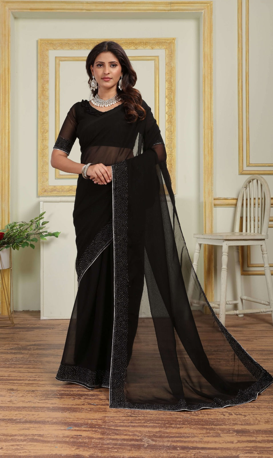 Designer Black Pure georgette  Saree with Premium Border Work On All over saree